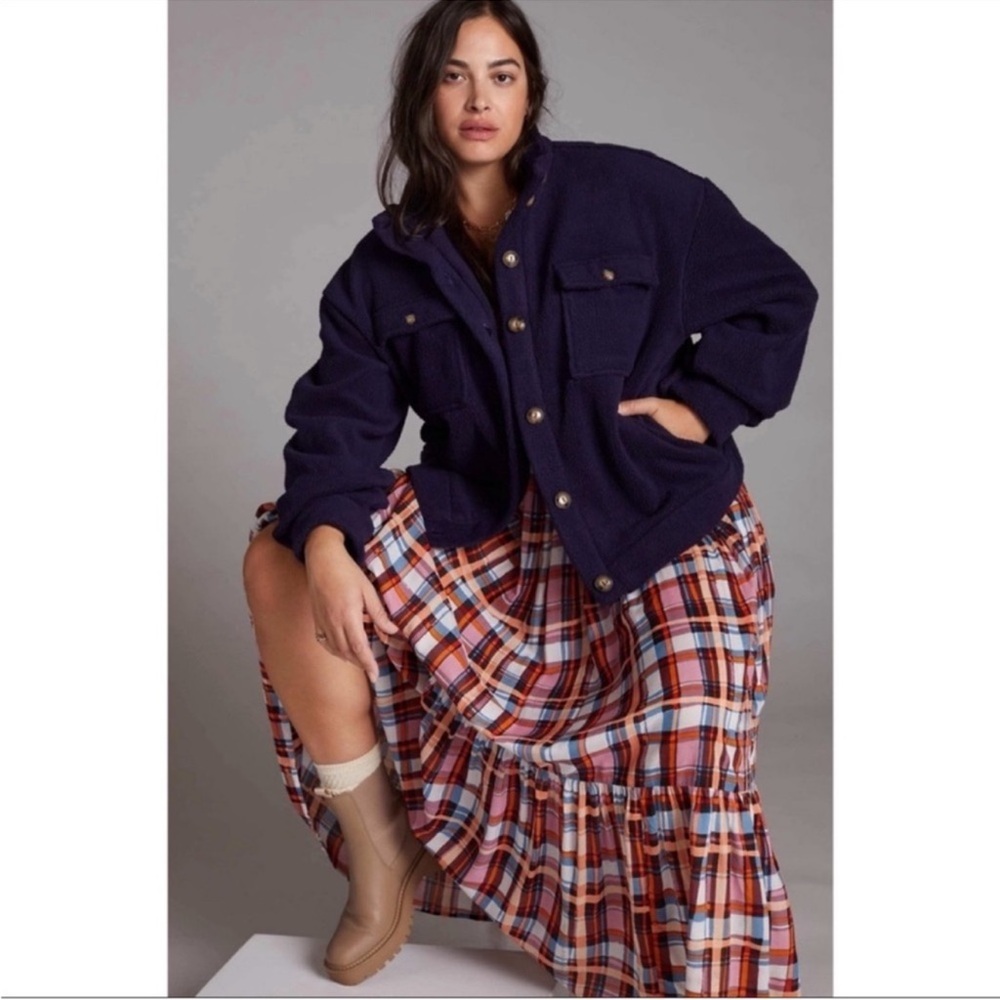 Anthropologie Navy Fleece Bomber Jacket Size XS Cozy Button Front NWT